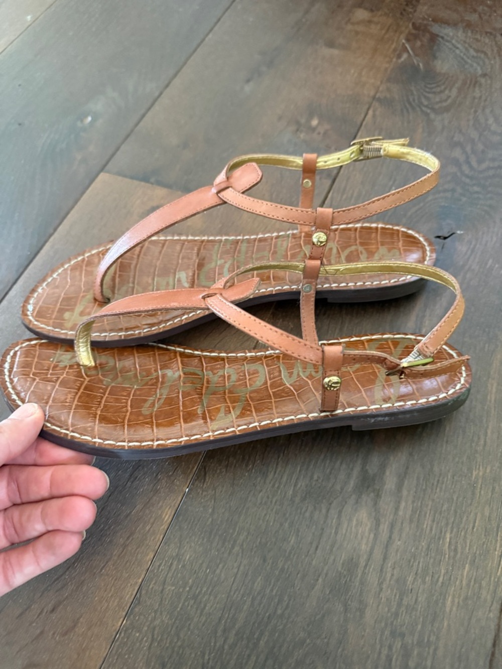 Sam Edelman Tan Brown T-Strap Leather Sandals - Picture 3 of 5